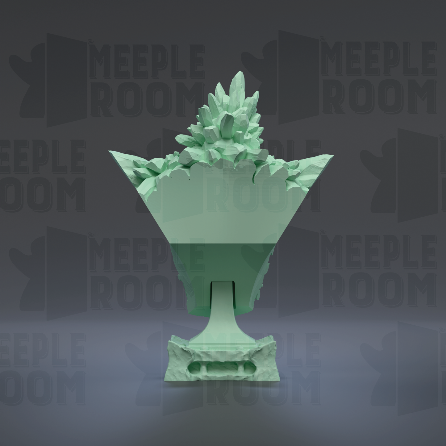 A green, 3D-rendered trophy or award with a pointed top and a base, set against a dark background with repeated text.