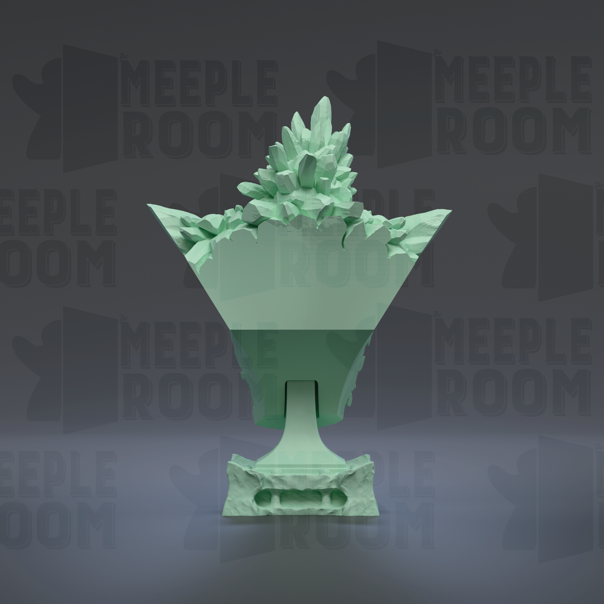 A green, 3D-rendered trophy or award with a pointed top and a base, set against a dark background with repeated text.