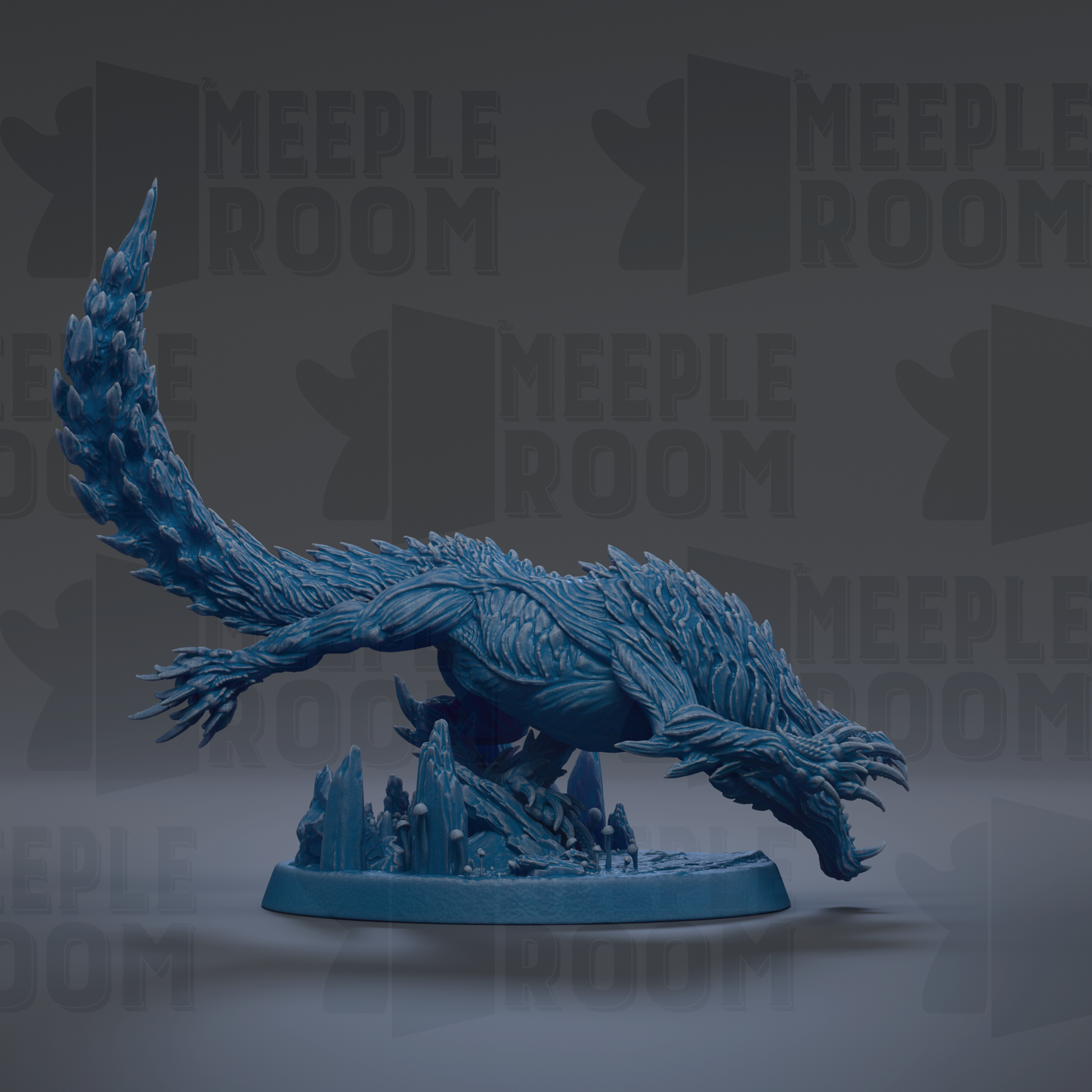 A 3D rendering of a blue, fantastical creature with sharp teeth and claws, standing on a base and appearing to be in motion.