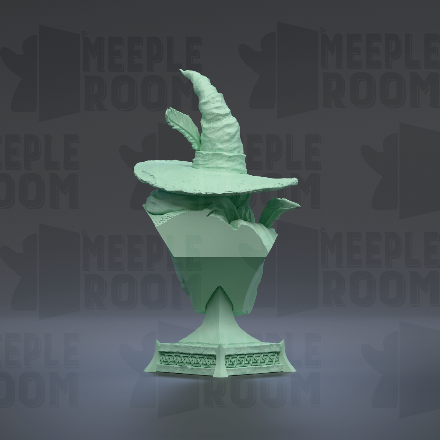 A green, 3D-rendered wizard's hat sits atop a green, 3D-rendered trophy or trophy base, both set against a dark background with repeated text.
