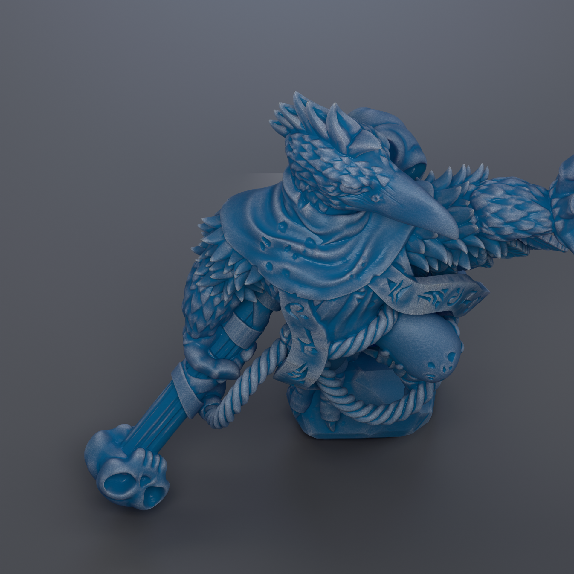 A blue, 3D-rendered figurine of a fantastical creature with sharp teeth and claws, standing on one leg and holding a weapon.