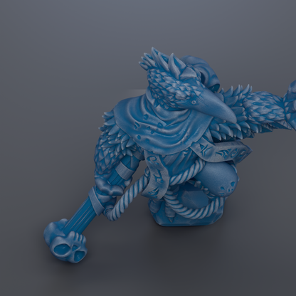 A blue, 3D-rendered figurine of a fantastical creature with sharp teeth and claws, standing on one leg and holding a weapon.