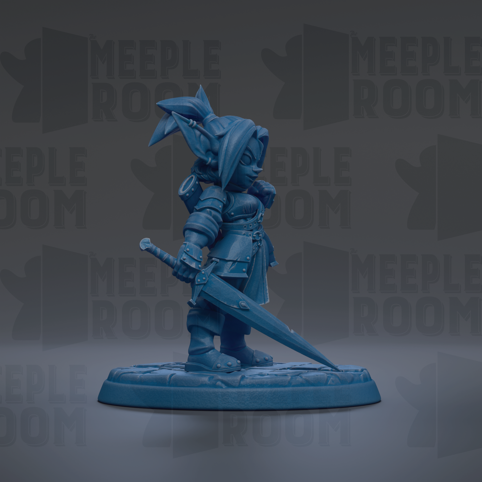 A blue figurine of a character with a sword stands on a base against a dark background with repeated text.