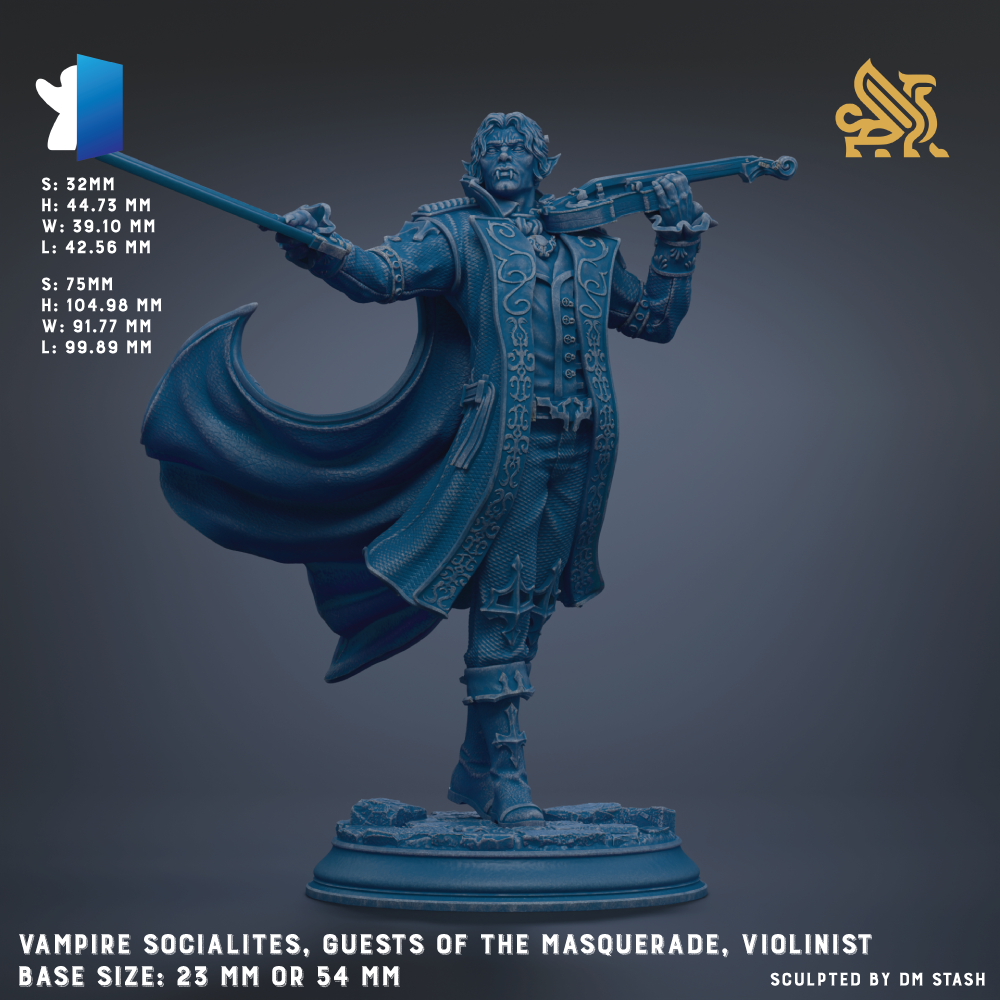 The image is a 3D rendering of a statue of a musician, specifically a violinist, dressed in a blue outfit and holding a violin. The statue is standing on a pedestal and appears to be the central focus of the image.