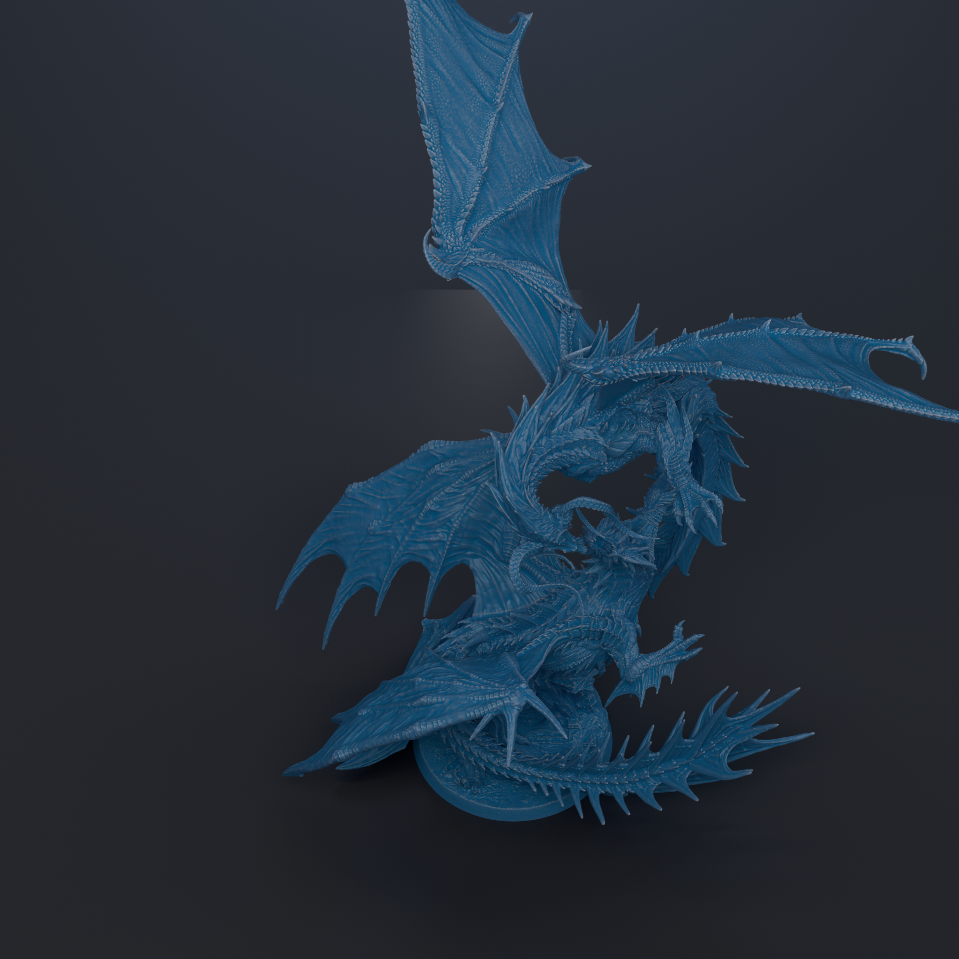 A 3D rendering of a blue dragon-like creature with sharp teeth and claws, standing on one leg against a dark background.