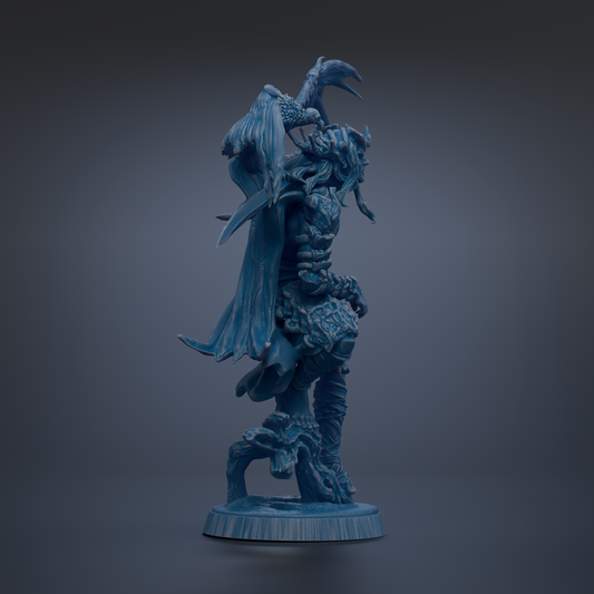 A 3D rendering of a blue, fantastical creature with intricate details and a flowing cape, standing on a base.
