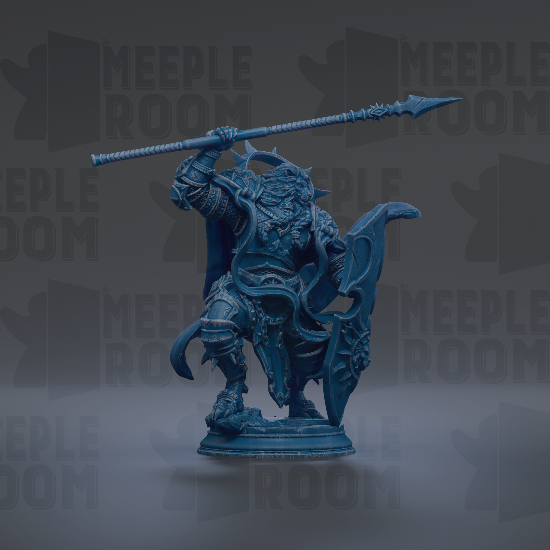 A blue figurine of a warrior standing on a pedestal, holding a spear and shield, against a dark background with repeated text.