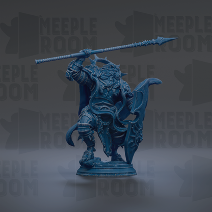 A blue figurine of a warrior standing on a pedestal, holding a spear and shield, against a dark background with repeated text.
