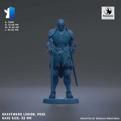 a blue armored knight standing in a pose, with a sword in hand. The knight is wearing a helmet and has a shield on his back. The base size of the statue is 22mm.