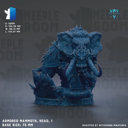 The image is a detailed model of an armored mammoth, featuring its head and body, with a base size of 7.5 mm.