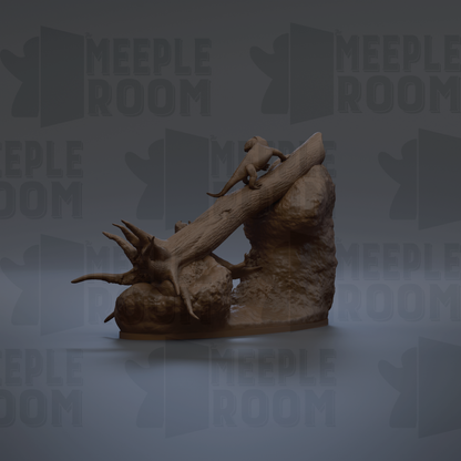 A 3D rendering of a sculpture depicting a lizard climbing on a tree branch.