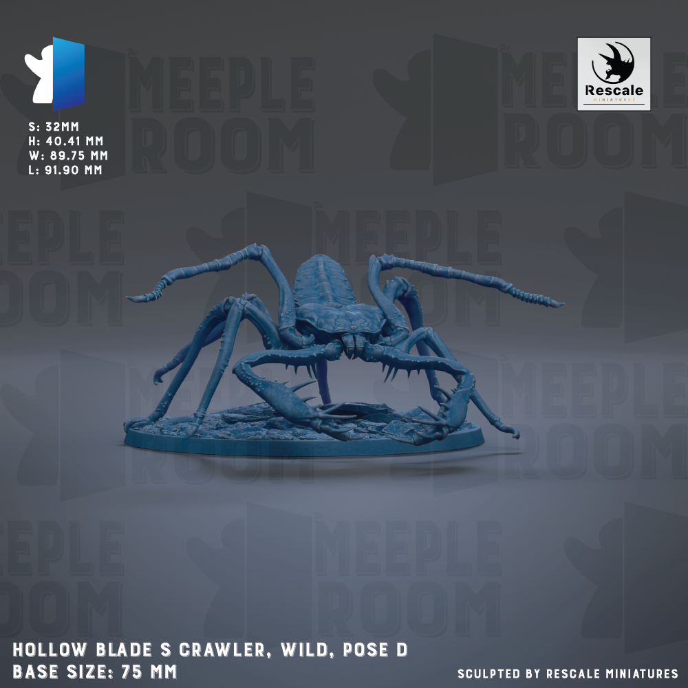 The image is a 3D rendering of a large blue spider with eight legs, standing on a base. The spider is positioned in a pose that suggests it is hunting or stalking its prey. The image is described as a "HOLOW BLADE S CRAWLER, WILD, POSE D" and is shown in a base size of 75 mm. The image is described as a "RESCALE" product, and it is described as a "MINIATURE SCULPTED BY RESCALE MINIATURES".