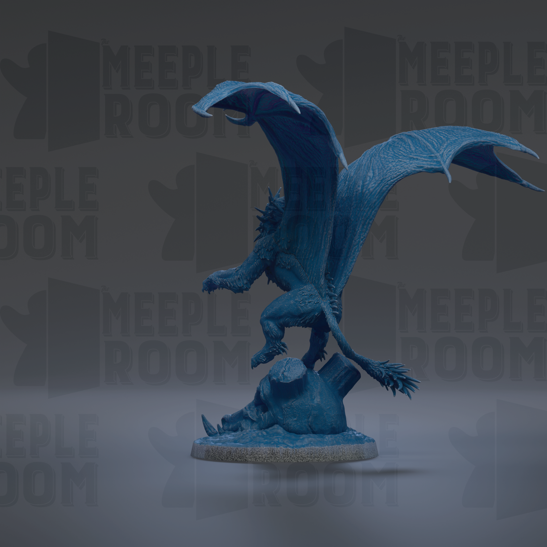 A blue dragon figurine with wings spread, standing on a rock.