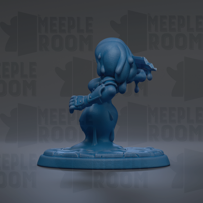 A blue figurine of a character with a dripping, dripping, dripping appearance, standing on a base.