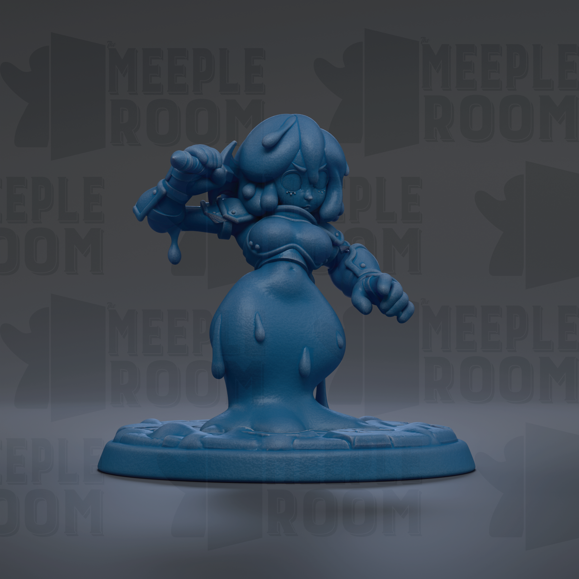 A blue, cartoonish figurine with a large head and a small body, standing on a base and holding a weapon.