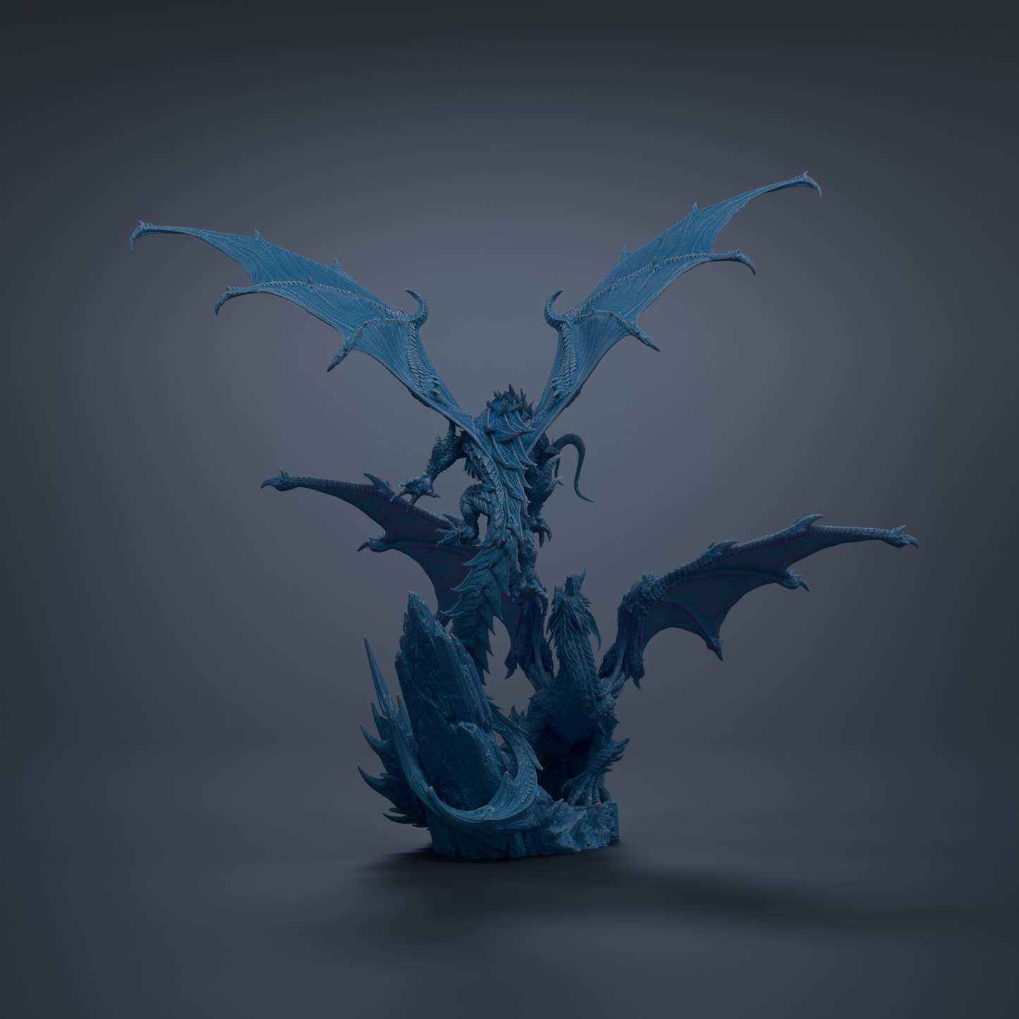 A 3D rendering of a blue dragon-like creature with wings and sharp teeth, standing on a rock formation against a dark background.