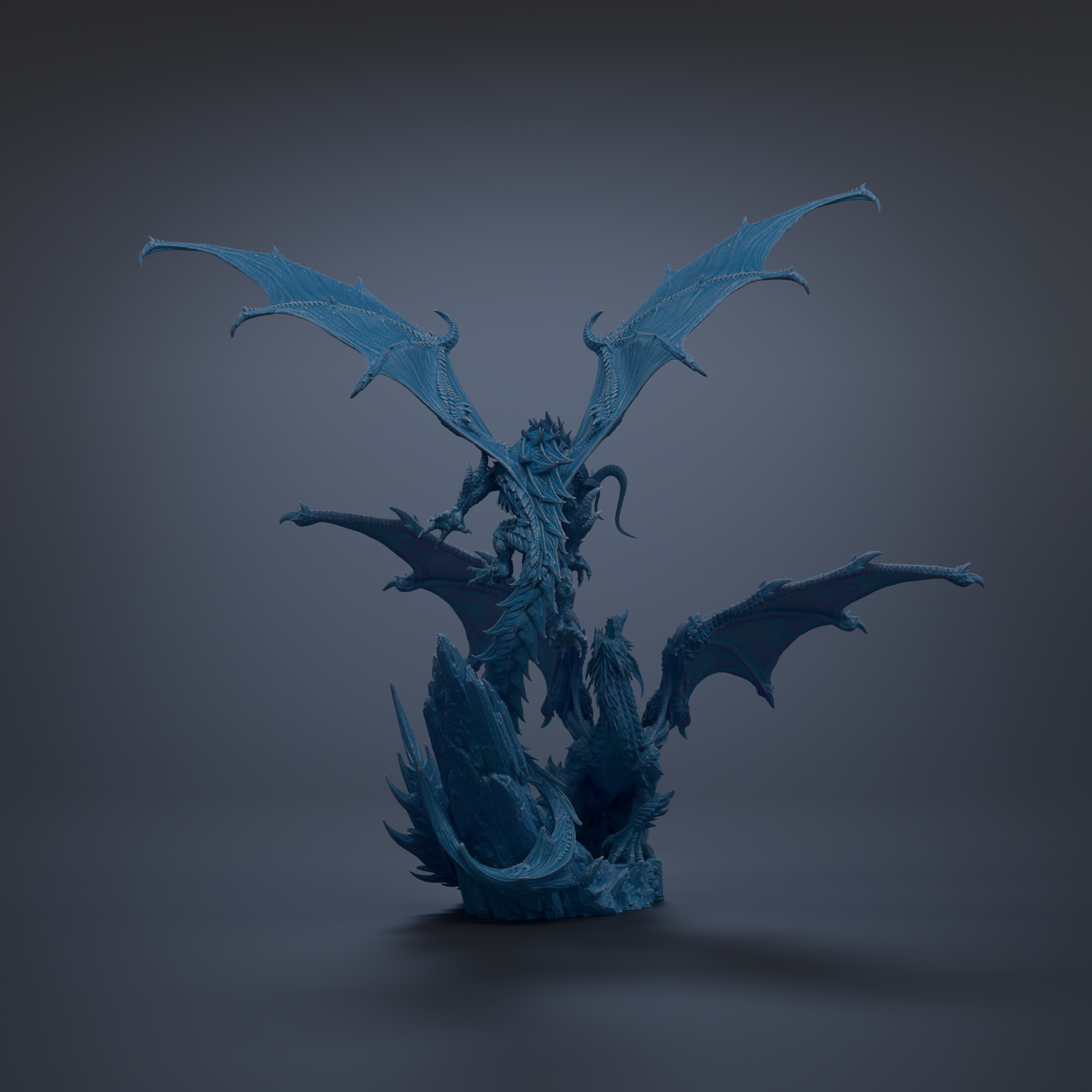 A 3D rendering of a blue dragon-like creature with wings and sharp teeth, standing on a rock formation against a dark background.