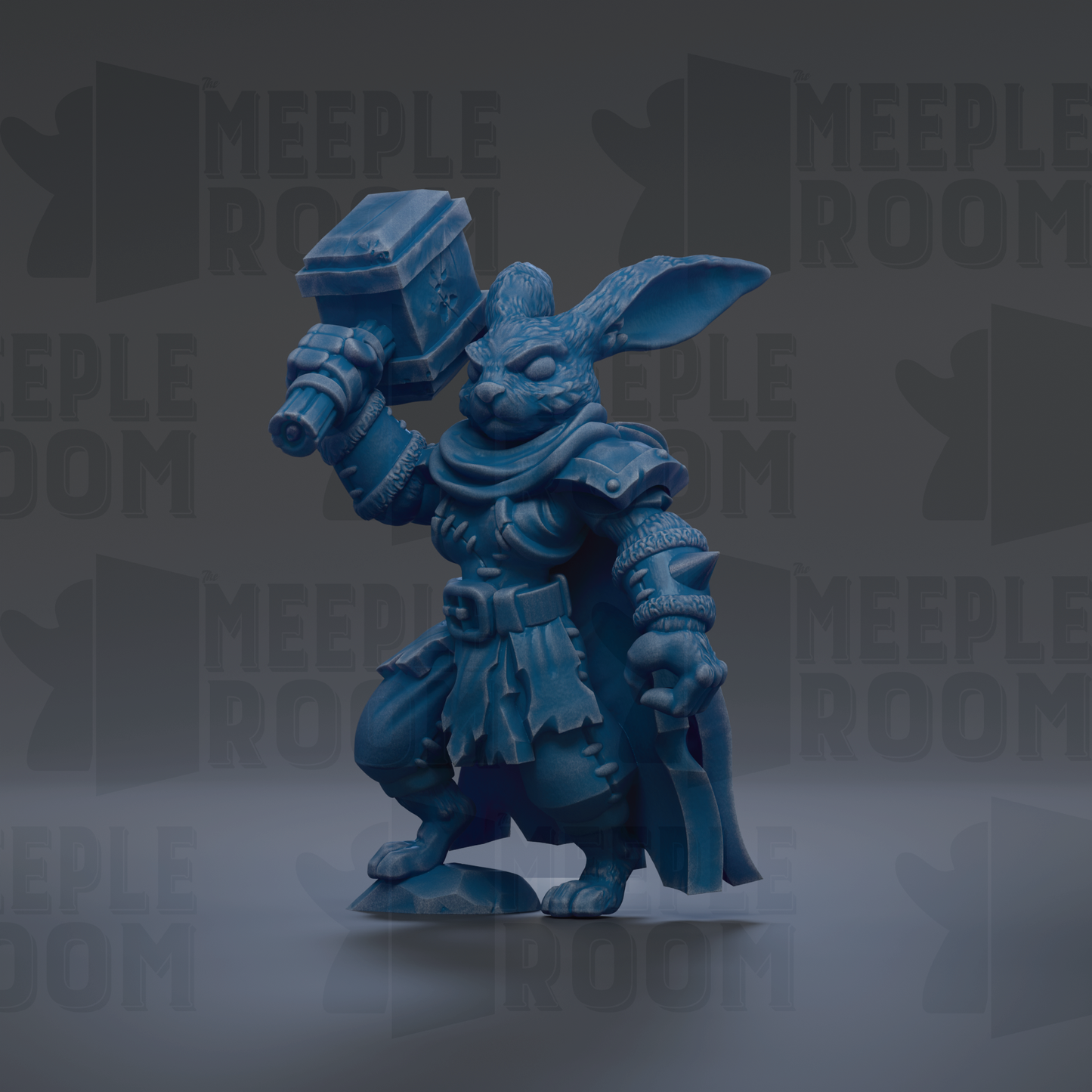 A blue, cartoonish-looking rabbit figurine holding a hammer and standing on one leg against a dark background with repeated text.