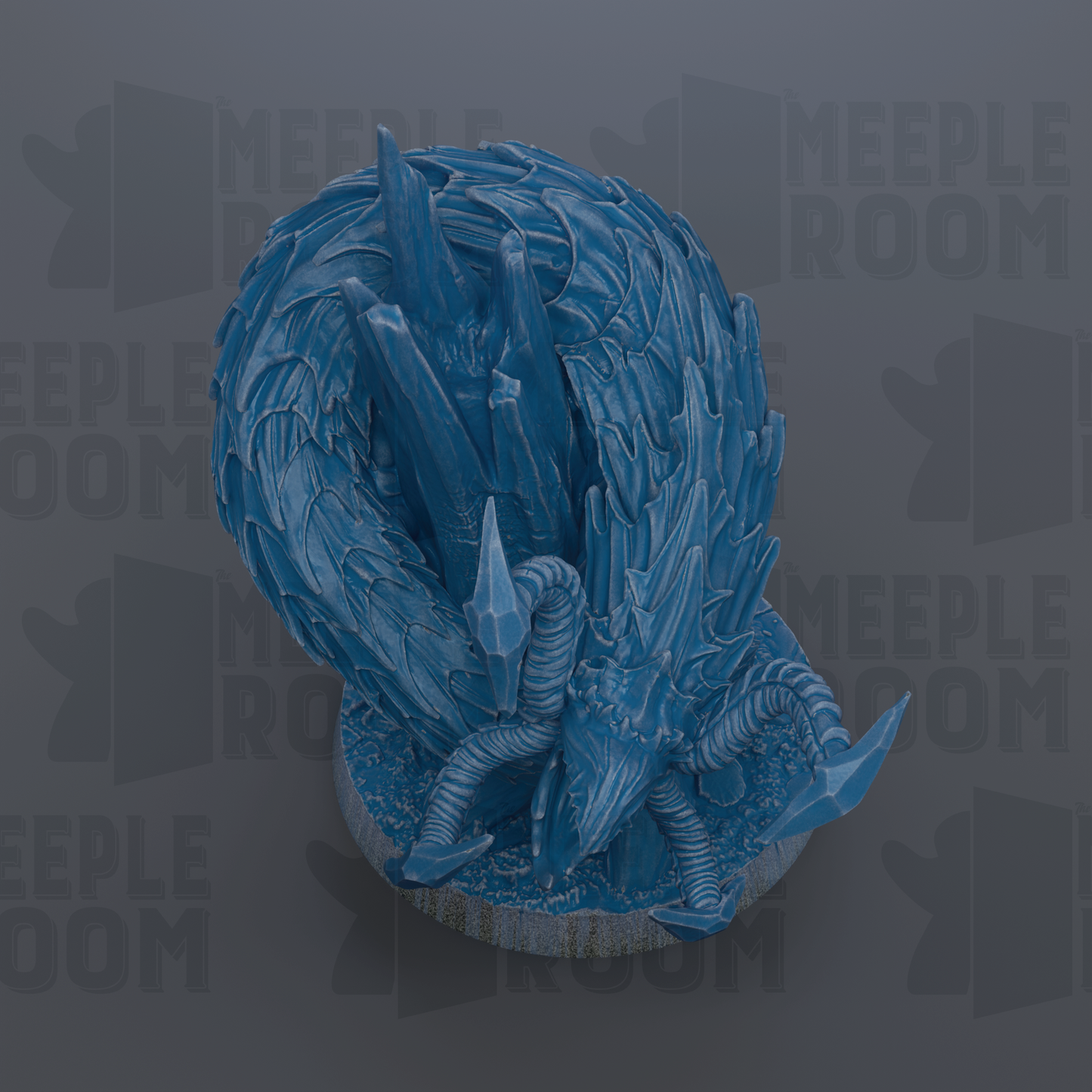 A blue, intricate dragon sculpture is displayed against a dark background with repeated text.