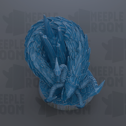 A blue, intricate dragon sculpture is displayed against a dark background with repeated text.