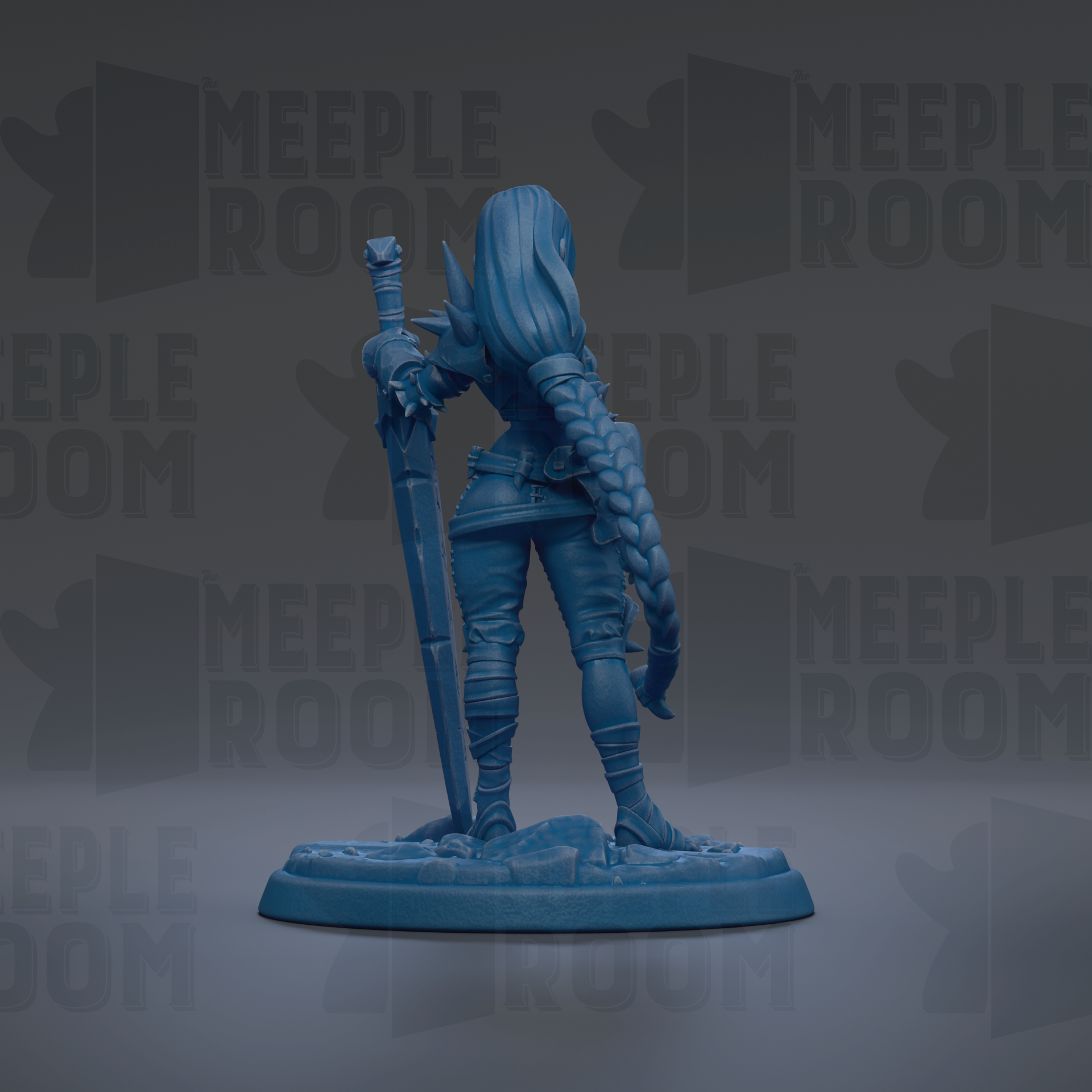 A blue figurine of a female character with long hair and a sword, standing on a base.