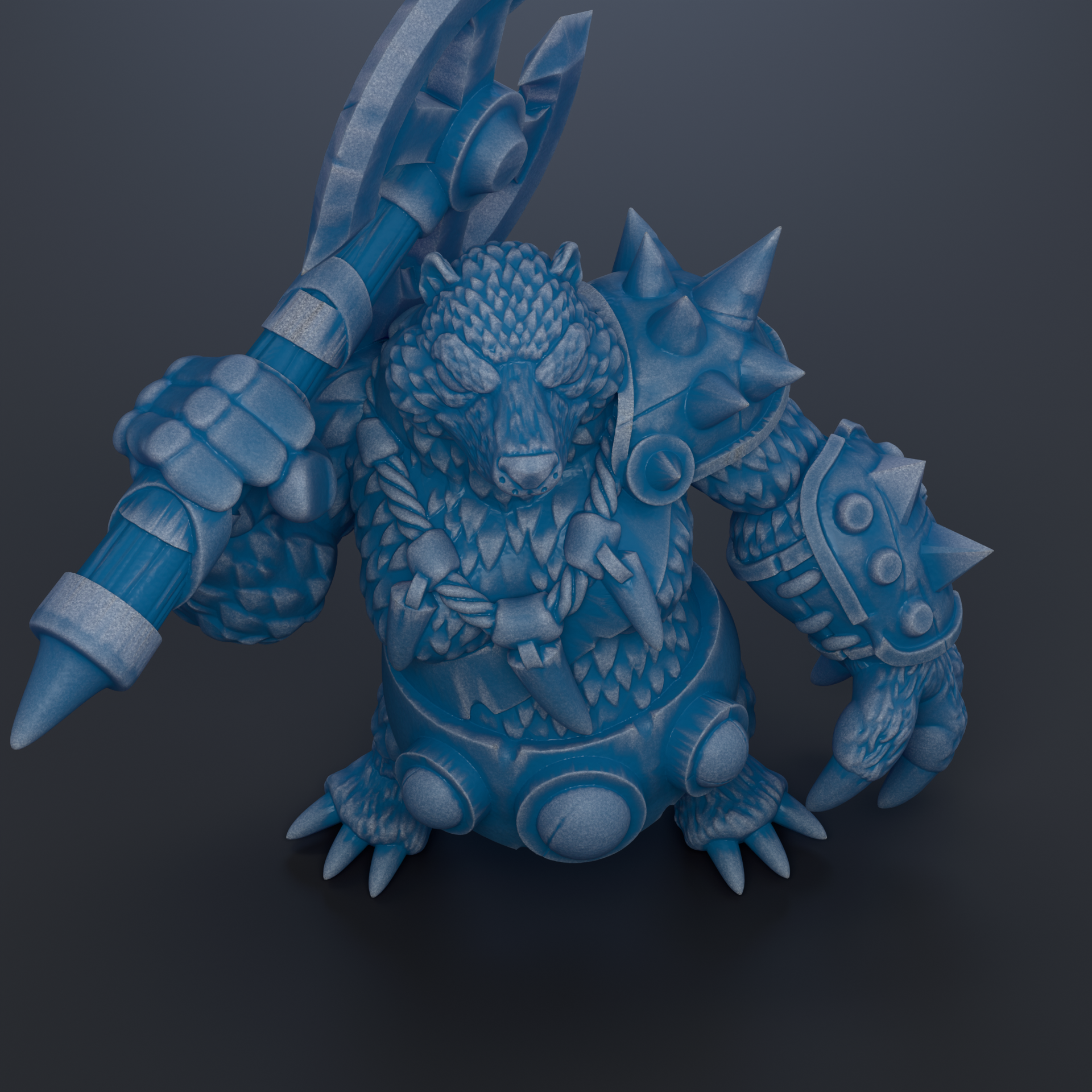 A 3D rendering of a blue, armored creature with spikes and weapons, standing on one leg and holding a large weapon in its right hand.