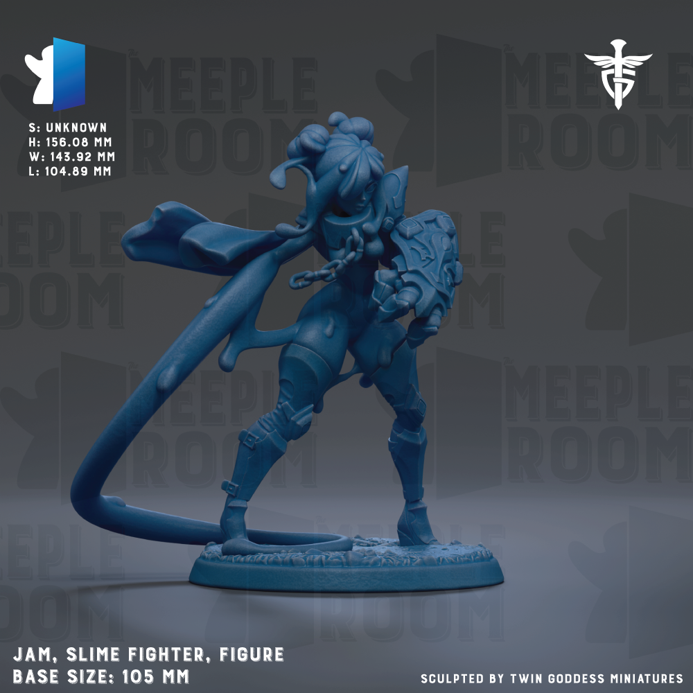 A blue figurine of a figure, likely a warrior or fighter, with a flowing cape and holding a shield, standing on a base.
