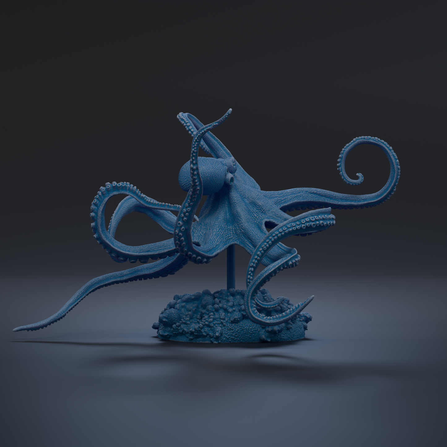 A 3D rendering of a blue octopus sculpture with its tentacles spread out, standing on a base with a dark background.
