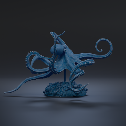 A 3D rendering of a blue octopus sculpture with its tentacles spread out, standing on a base with a dark background.
