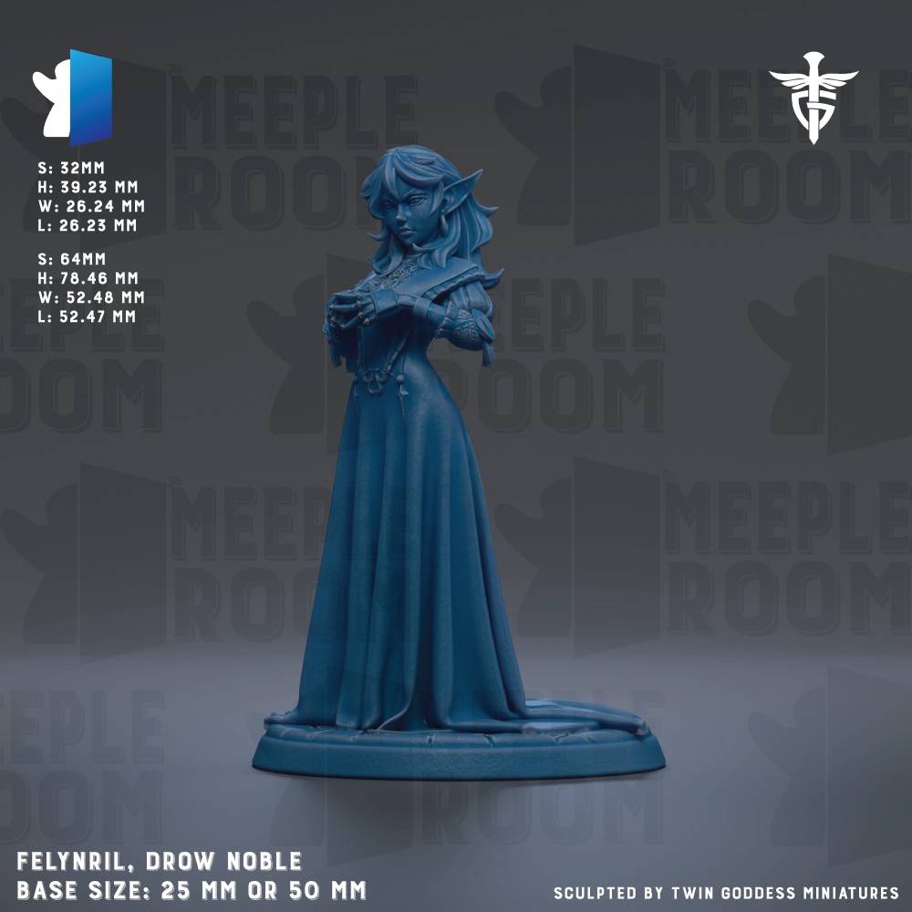 a figurine of a woman in a long dress, standing on a base. The figurine is blue in color and appears to be a detailed representation of a female character. The image is described as a "meadow" and "meadow room" and is part of a collection of figurines. The base size of the figurine is 25mm or 50mm. The figurine is sculpted by Twin Goddess Miniatures.