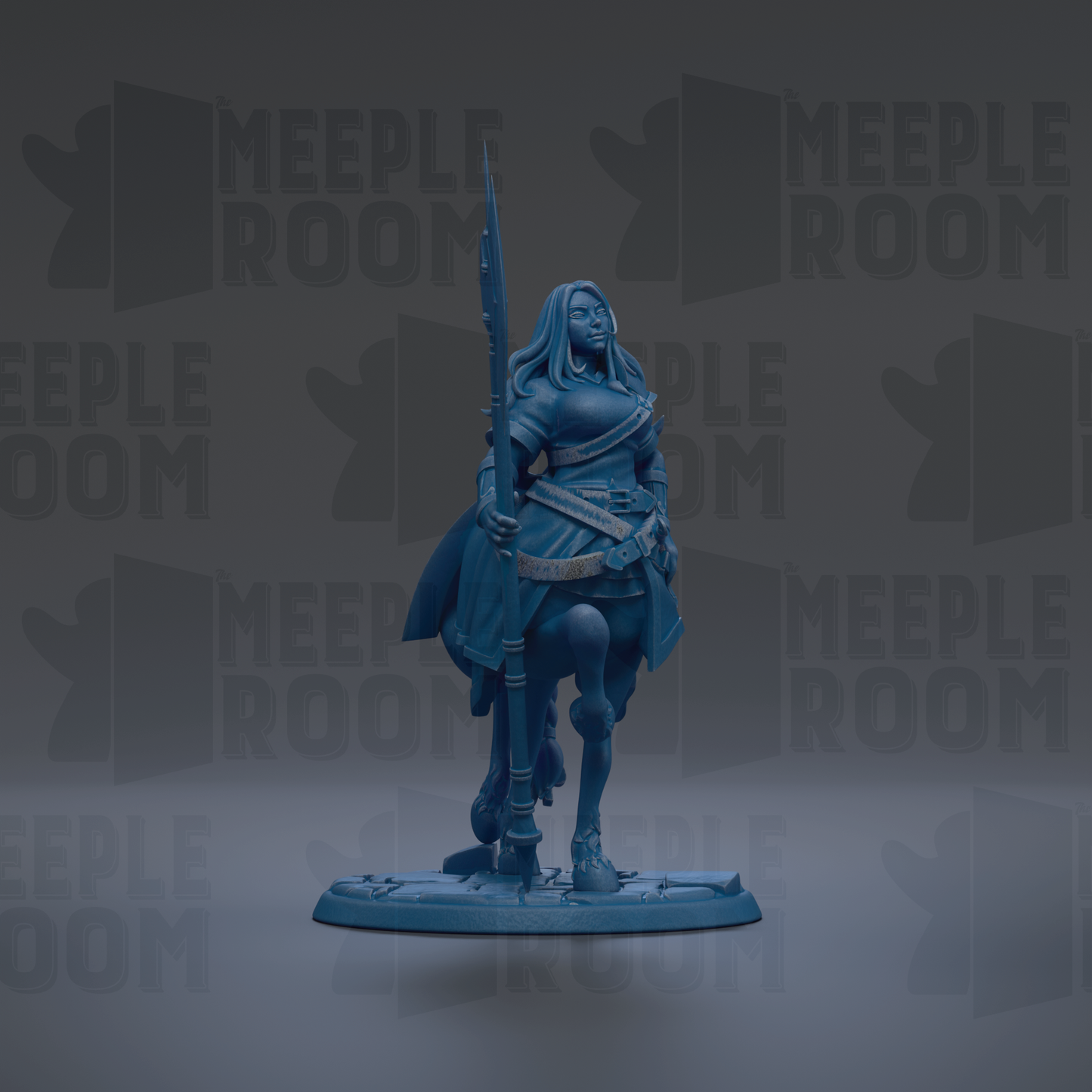 A blue figurine of a woman holding a sword stands against a dark background with repeated "MEUPLE ROOM" text.