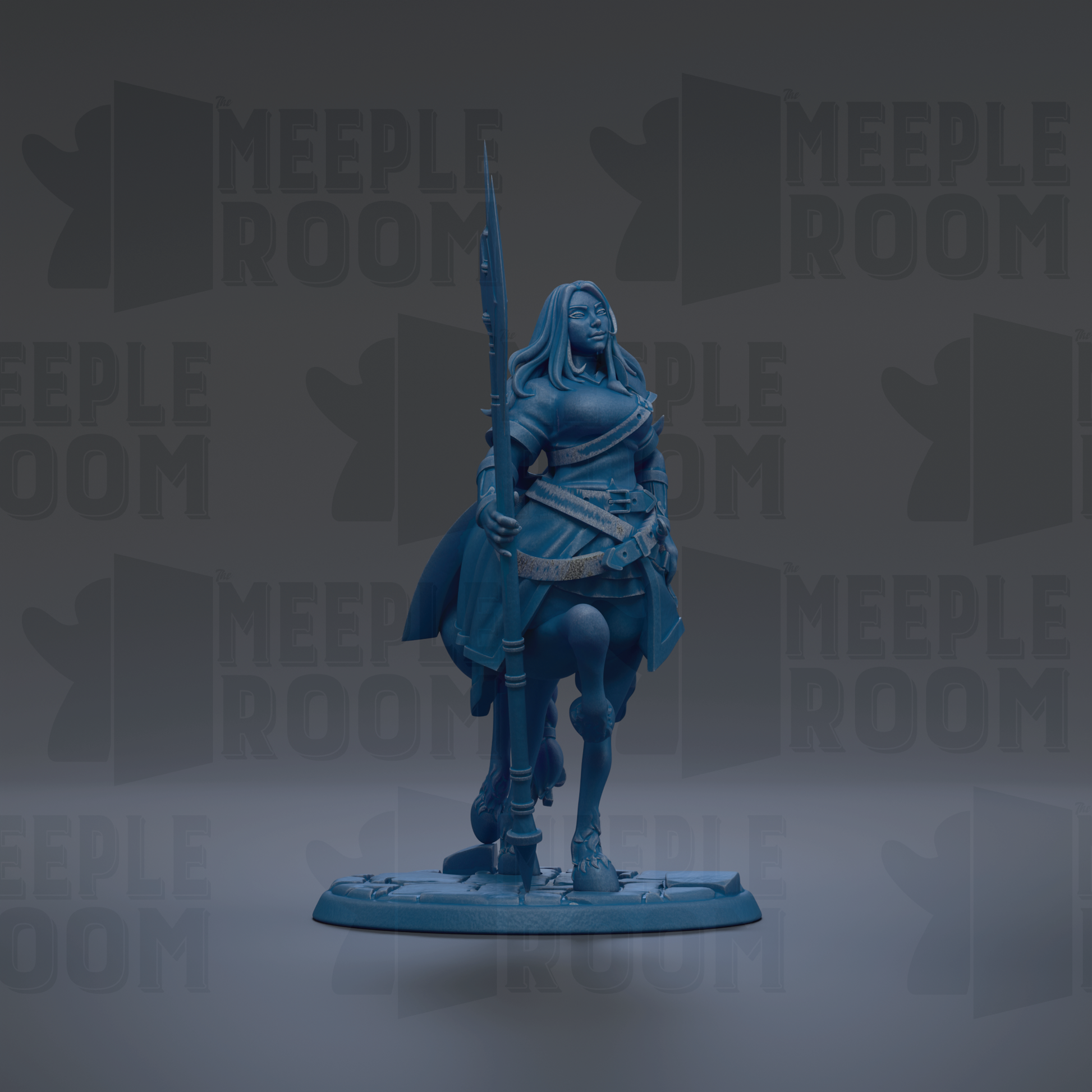 A blue figurine of a woman holding a sword stands against a dark background with repeated "MEUPLE ROOM" text.