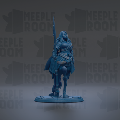 A blue figurine of a woman holding a sword stands against a dark background with repeated "MEUPLE ROOM" text.