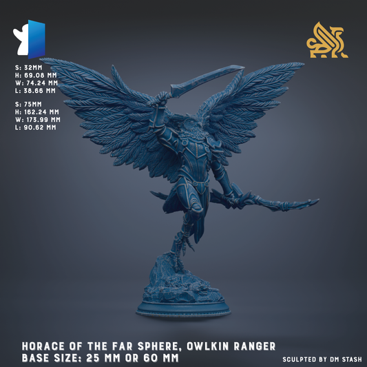 a blue owlkin ranger statue with wings spread wide, standing on a base of 25 mm or 60 mm.
