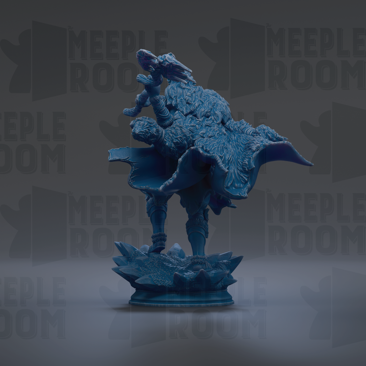 A blue, 3D-rendered statue of a fantastical creature with a large head and flowing, textured body stands on a base against a dark background with repeated text.