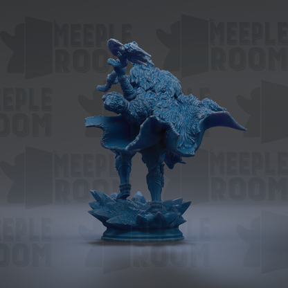 A blue, 3D-rendered statue of a fantastical creature with a large head and flowing, textured body stands on a base against a dark background with repeated text.