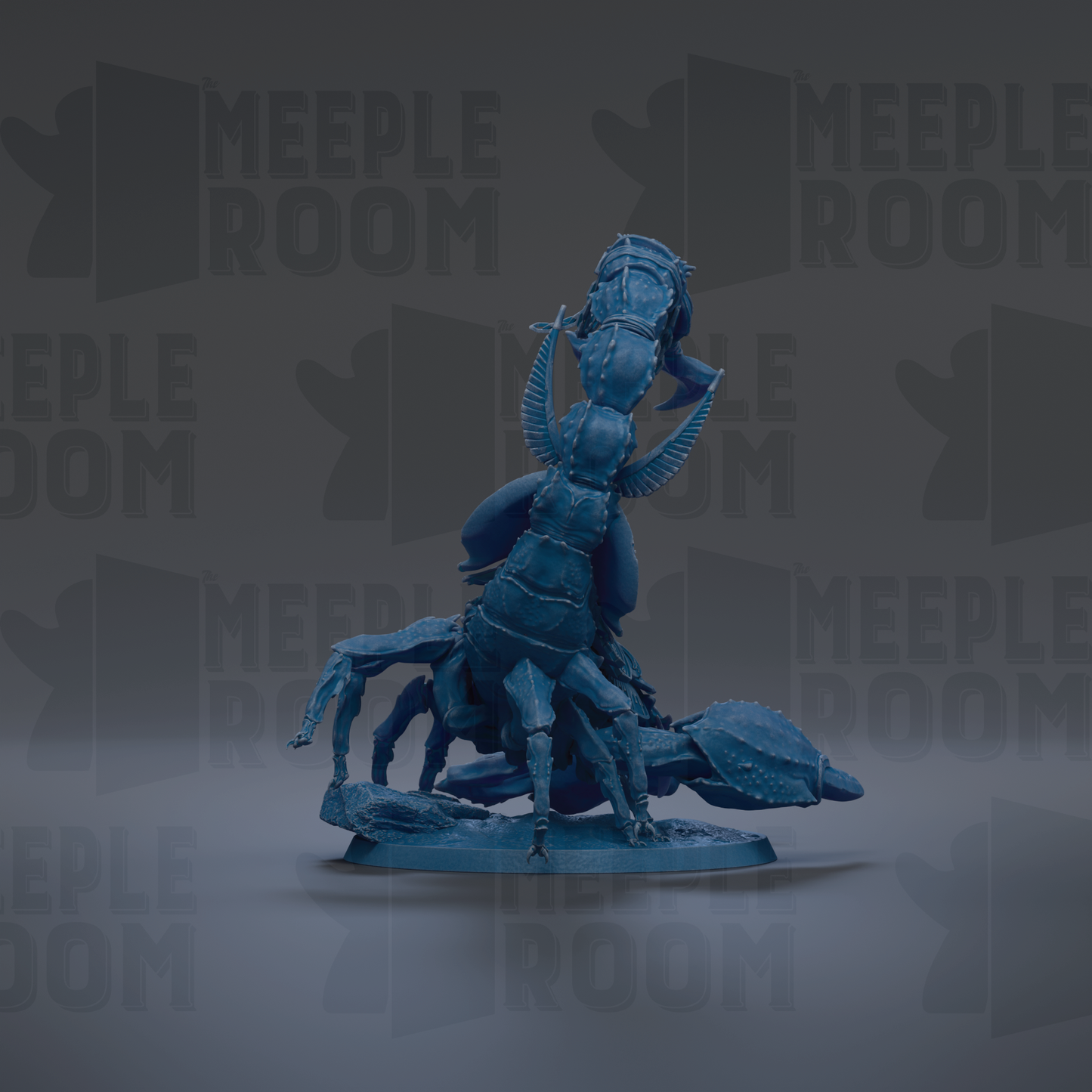 A blue figurine of a dragon-like creature with wings and a tail, standing on a rock formation against a dark background with repeated text.