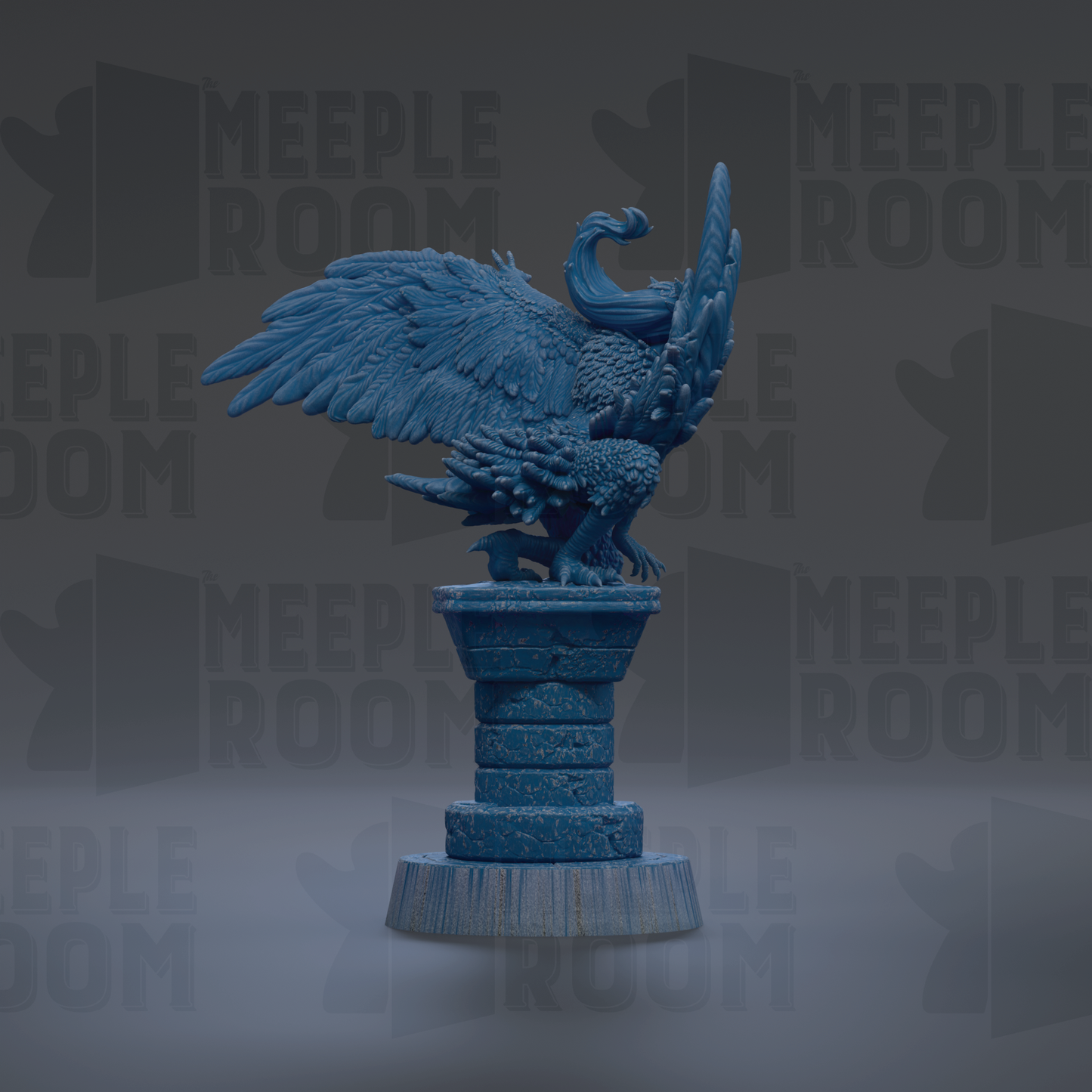 A blue statue of a bird perched on a pedestal, with the word "MEIPLLE ROOM" repeated in the background.
