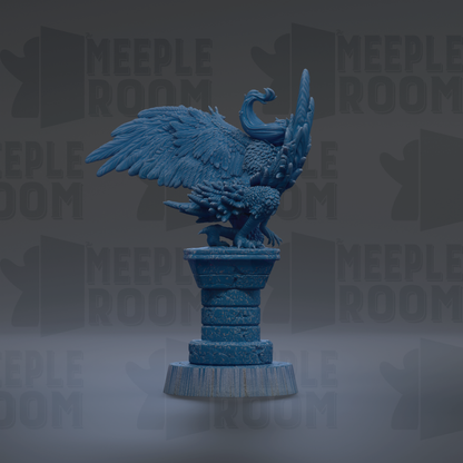 A blue statue of a bird perched on a pedestal, with the word "MEIPLLE ROOM" repeated in the background.