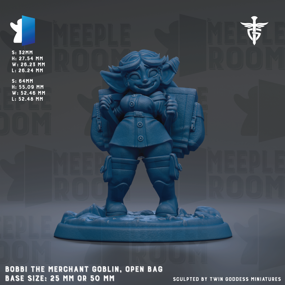 a blue figurine of a merchant coblin, an open bag, with the text "MEIPLE ROOM" repeated across the background.