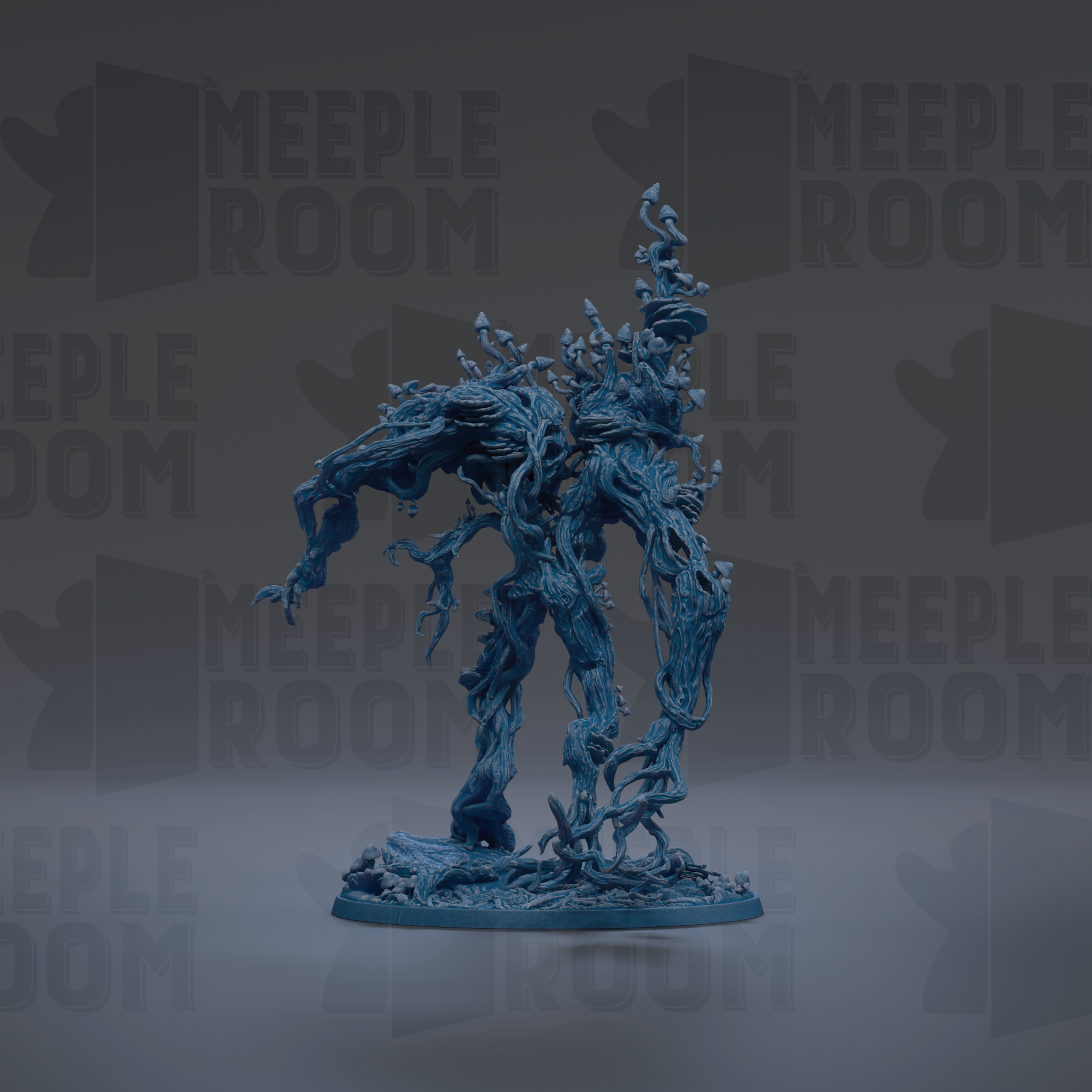A blue, abstract sculpture resembling a tree or plant with intricate, organic shapes and textures.