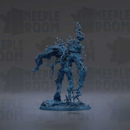 A blue, abstract sculpture resembling a tree or plant with intricate, organic shapes and textures.