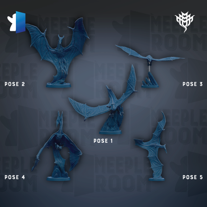 five blue figurines of bats, each in a different pose, arranged against a dark background.