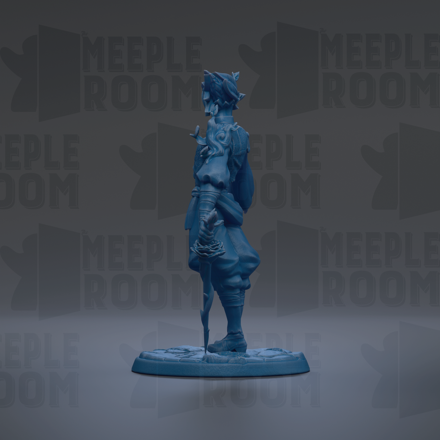 A blue figurine of a person standing on a base, with the text "MEUPLE ROOM" repeated in the background.