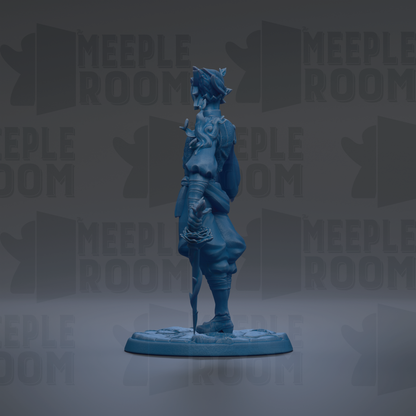 A blue figurine of a person standing on a base, with the text "MEUPLE ROOM" repeated in the background.