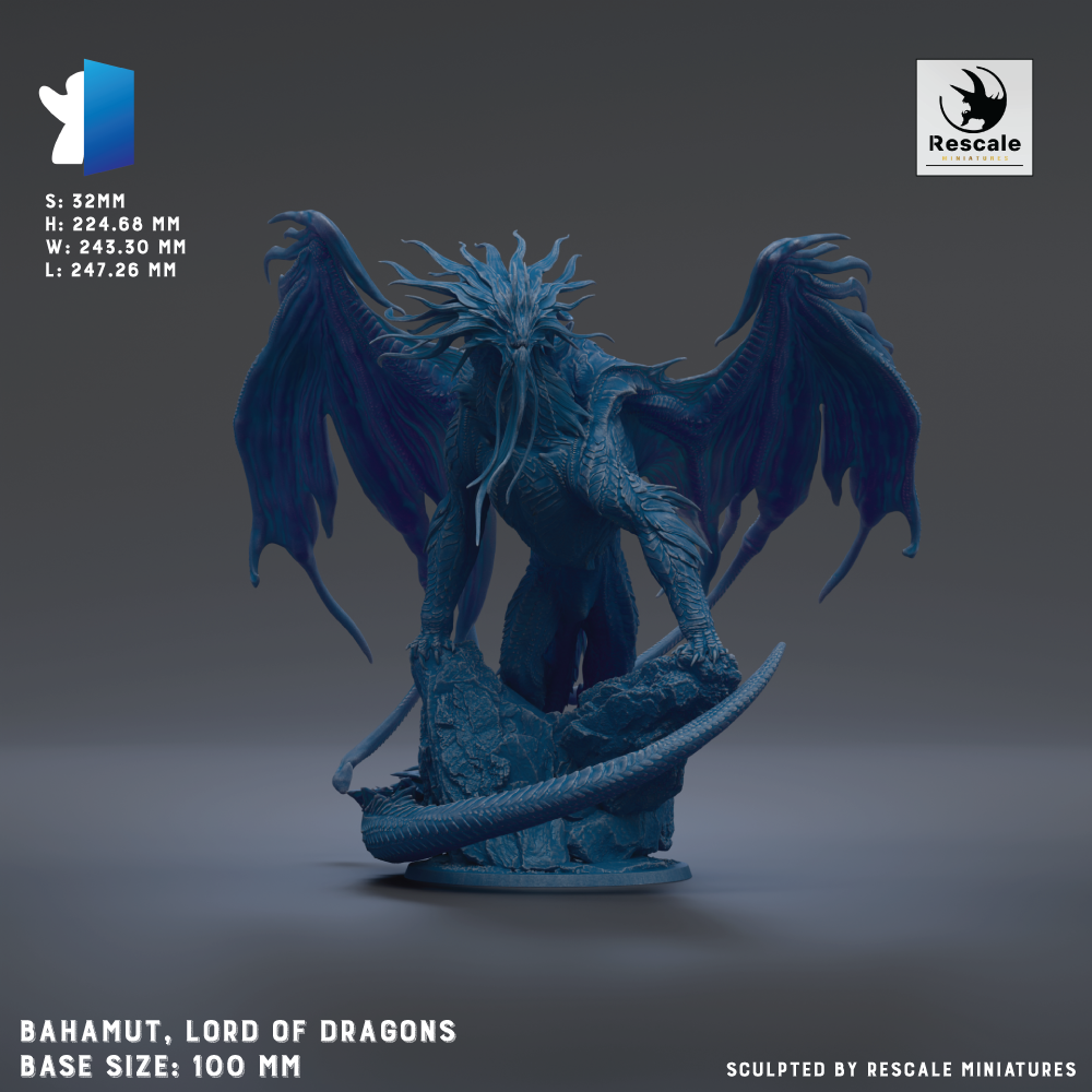 a blue dragon statue with wings and a long tail, standing on a rock. The dragon is the main focus of the image, and it is described as the "Bahamut, Lord of Dragons" statue. The base size of the statue is 100 millimeters. The image is a 3D rendering of the statue, and it is described as being sculpted by Rescue miniatures.