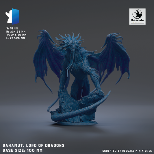 a blue dragon statue with wings and a long tail, standing on a rock. The dragon is the main focus of the image, and it is described as the "Bahamut, Lord of Dragons" statue. The base size of the statue is 100 millimeters. The image is a 3D rendering of the statue, and it is described as being sculpted by Rescue miniatures.