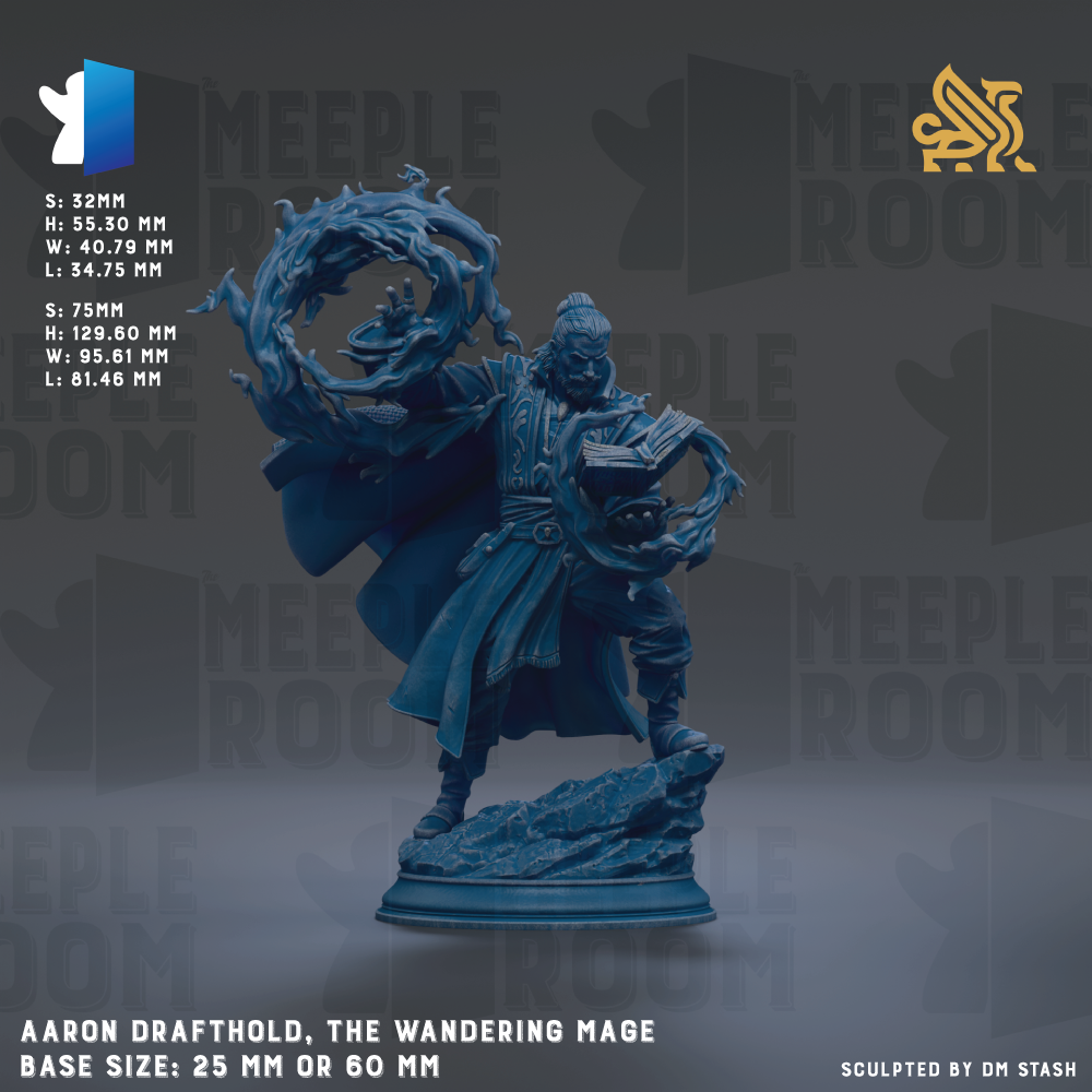 The image is a detailed statue of a character named Aaron Drafthold, the wandering Mage, with a base size of 25mm or 60mm. The statue depicts a figure holding a book and a wand, surrounded by flames and a dragon. The background features the text "MEEPLE ROOM" repeated multiple times, suggesting the statue is part of a larger collection or exhibition.