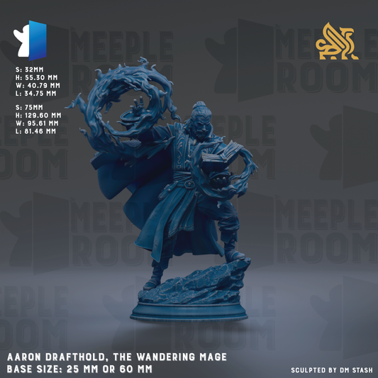 The image is a detailed statue of a character named Aaron Drafthold, the wandering Mage, with a base size of 25mm or 60mm. The statue depicts a figure holding a book and a wand, surrounded by flames and a dragon. The background features the text "MEEPLE ROOM" repeated multiple times, suggesting the statue is part of a larger collection or exhibition.