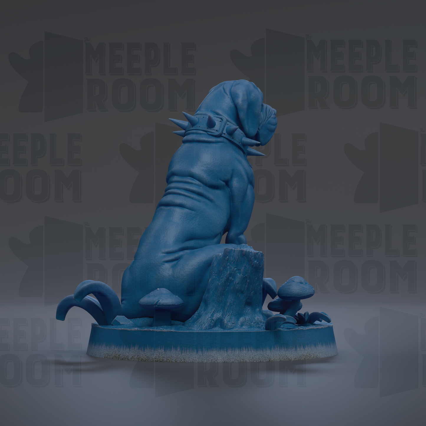 A blue statue of a dog sitting on a rock, surrounded by mushrooms, against a dark background with repeated "MEPLE ROOM" text.